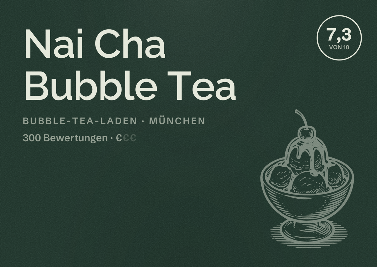 Illustriertes Poster von Nai Cha Bubble Tea, Bubble-Tea-Laden in München: Bewertung 7,3 von 10 aus 300 Bewertungen, Preisniveau €