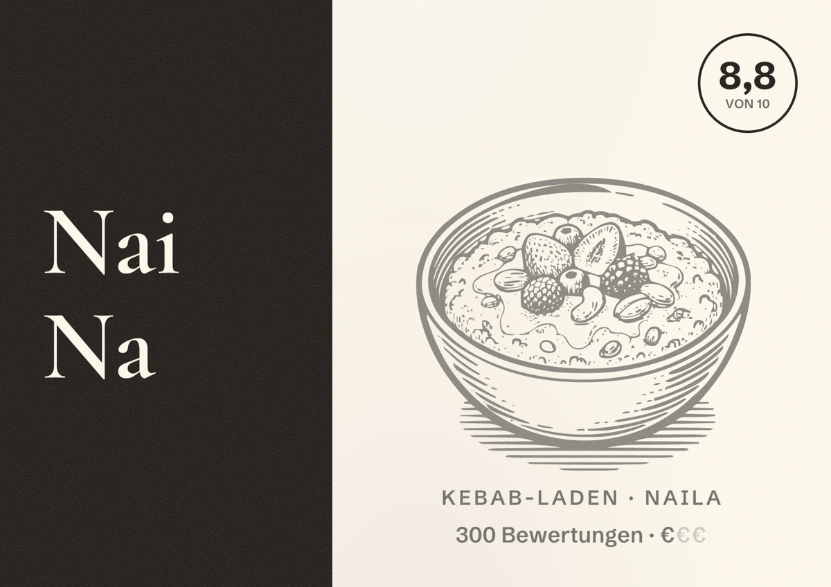Illustriertes Poster von Nai Na, Kebab-Laden in Naila: Bewertung 8,8 von 10 aus 300 Bewertungen, Preisniveau €