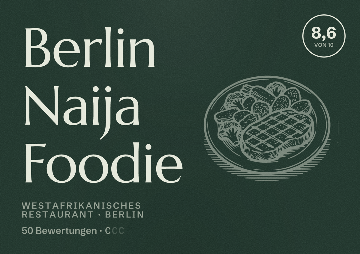Illustriertes Poster von Berlin Naija Foodie, Westafrikanisches Restaurant in Berlin: Bewertung 8,6 von 10 aus 50 Bewertungen, Preisniveau €