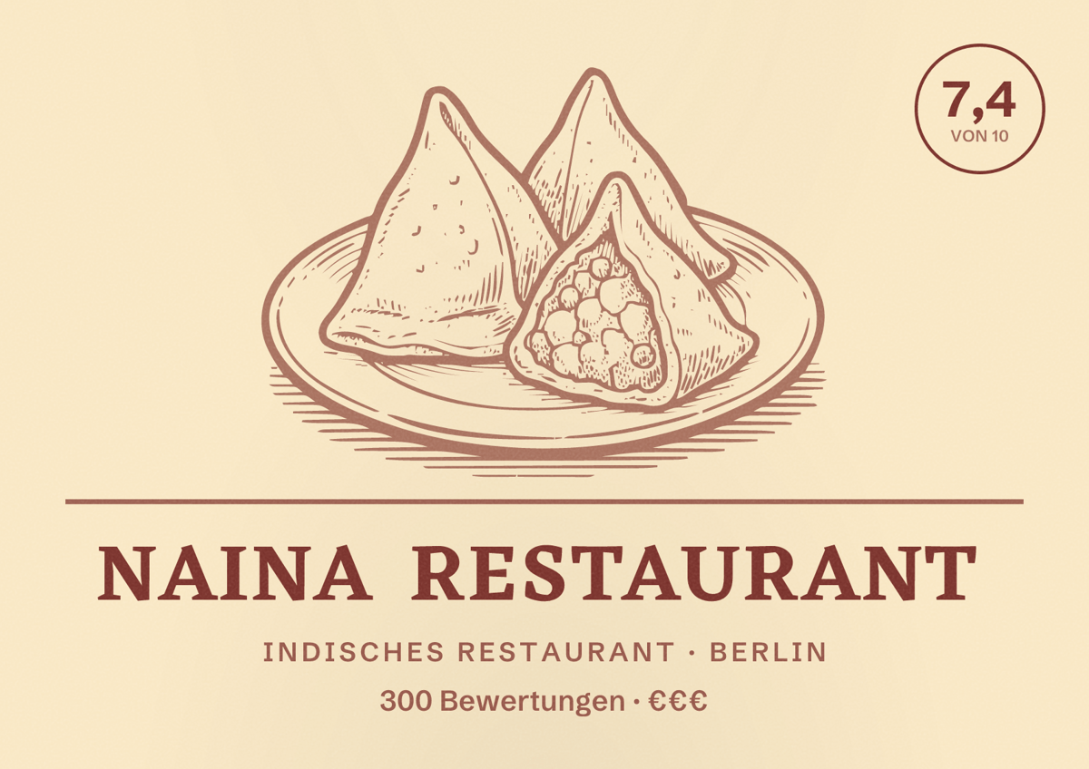 Illustriertes Poster von Naina Restaurant, Indisches Restaurant in Berlin: Bewertung 7,4 von 10 aus 300 Bewertungen, Preisniveau €€€
