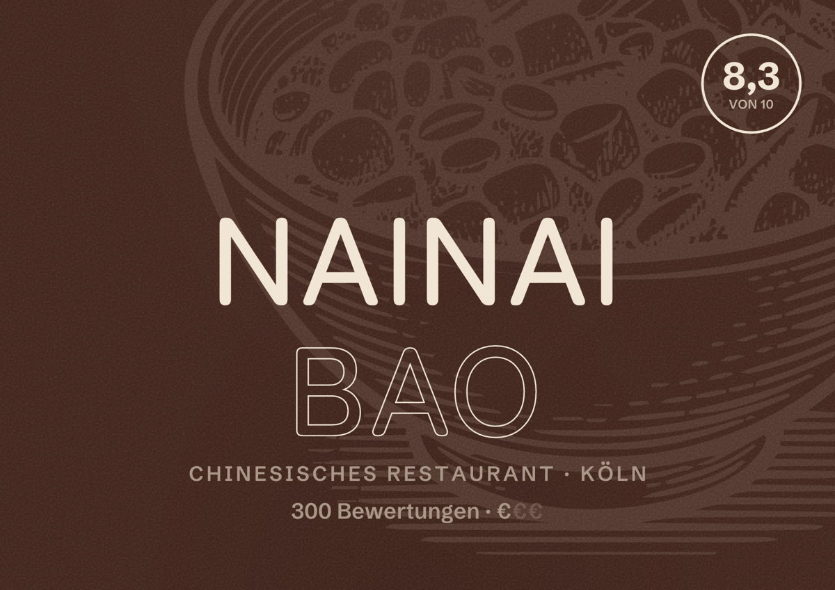 Illustriertes Poster von NaiNai Bao, Chinesisches Restaurant in Köln: Bewertung 8,3 von 10 aus 300 Bewertungen, Preisniveau €