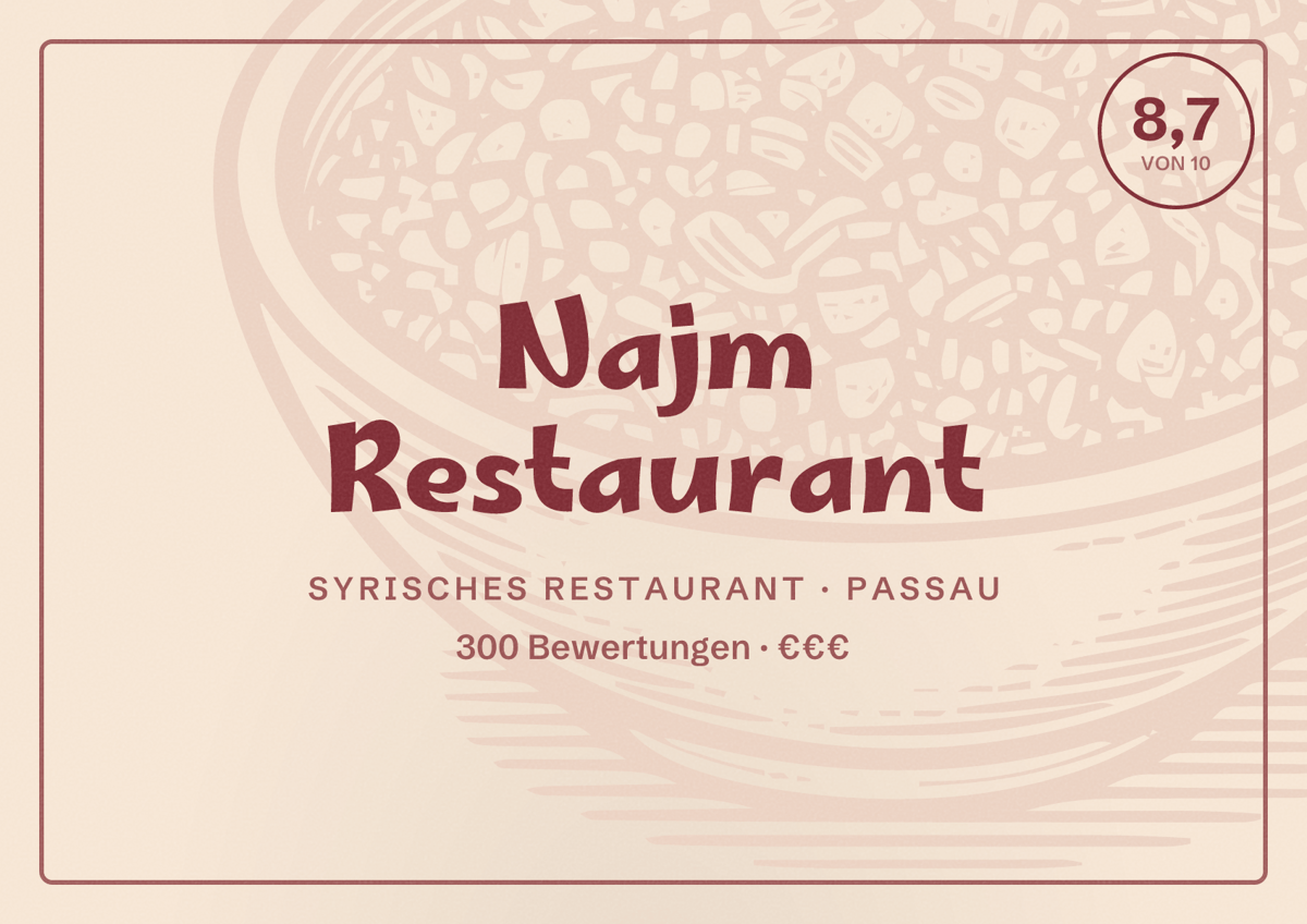 Illustriertes Poster von Najm Restaurant, Syrisches Restaurant in Passau: Bewertung 8,7 von 10 aus 300 Bewertungen, Preisniveau €€€