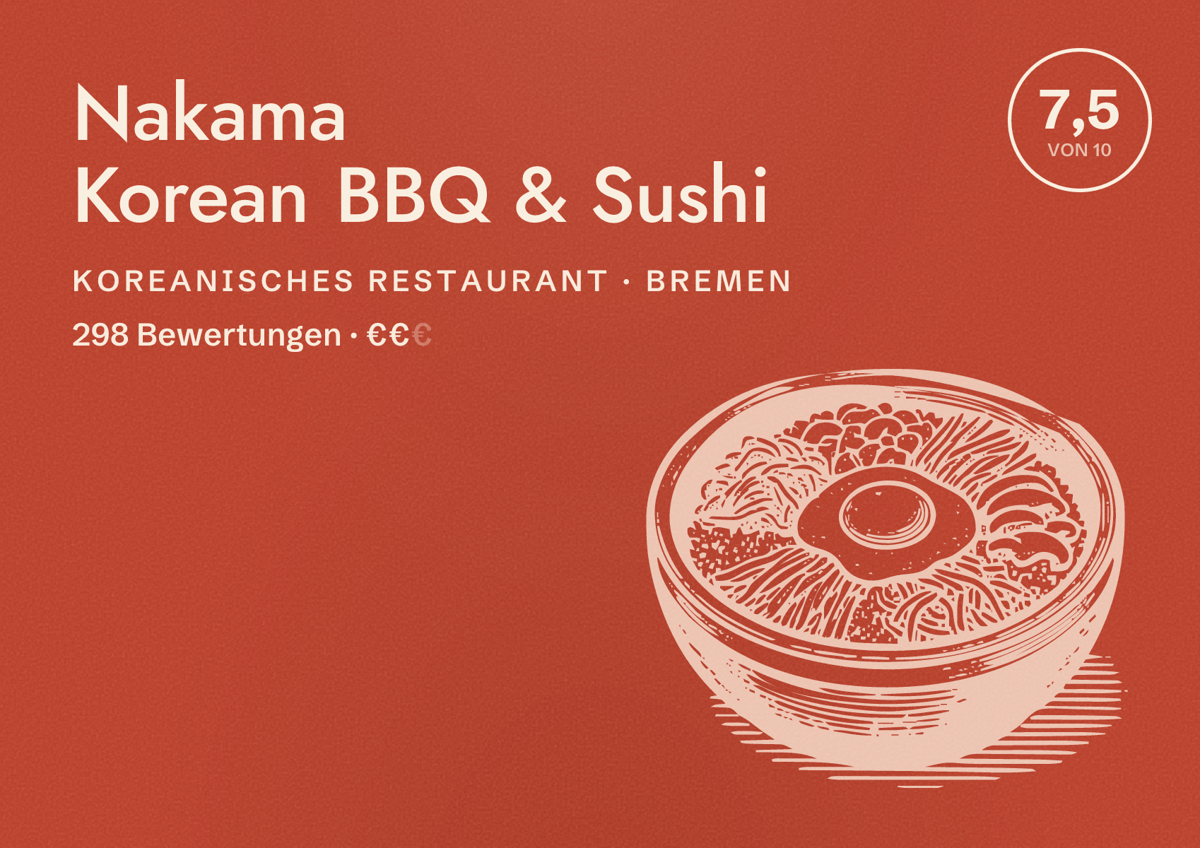 Illustriertes Poster von Nakama Korean BBQ & Sushi, Koreanisches Restaurant in Bremen: Bewertung 7,5 von 10 aus 298 Bewertungen, Preisniveau €€