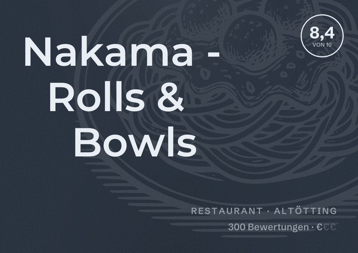 Illustriertes Poster von Nakama - Rolls & Bowls, Restaurant in Altötting: Bewertung 8,4 von 10 aus 300 Bewertungen, Preisniveau €