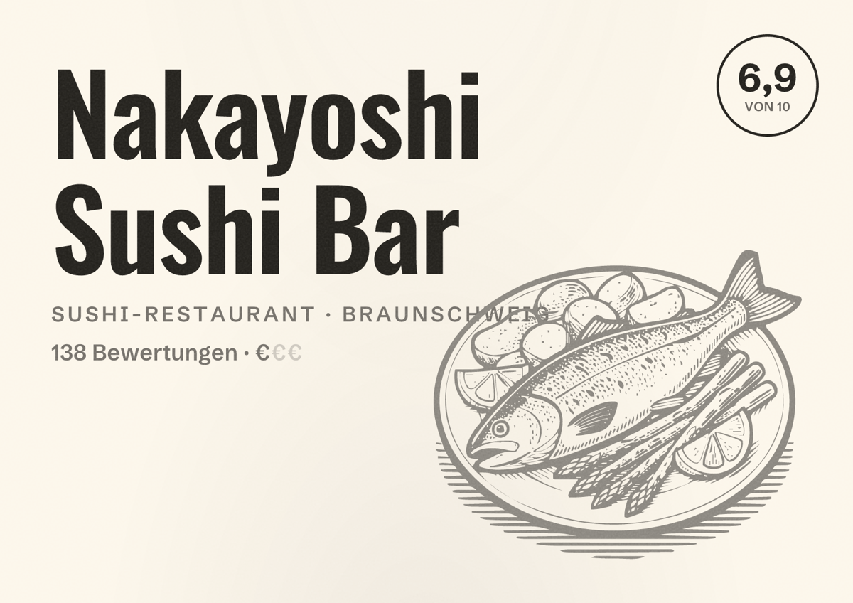 Illustriertes Poster von Nakayoshi Sushi Bar, Sushi-Restaurant in Braunschweig: Bewertung 6,9 von 10 aus 138 Bewertungen, Preisniveau €
