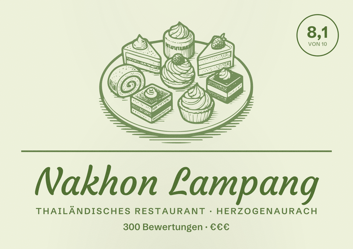 Illustriertes Poster von Nakhon Lampang, Thailändisches Restaurant in Herzogenaurach: Bewertung 8,1 von 10 aus 300 Bewertungen, Preisniveau €€€