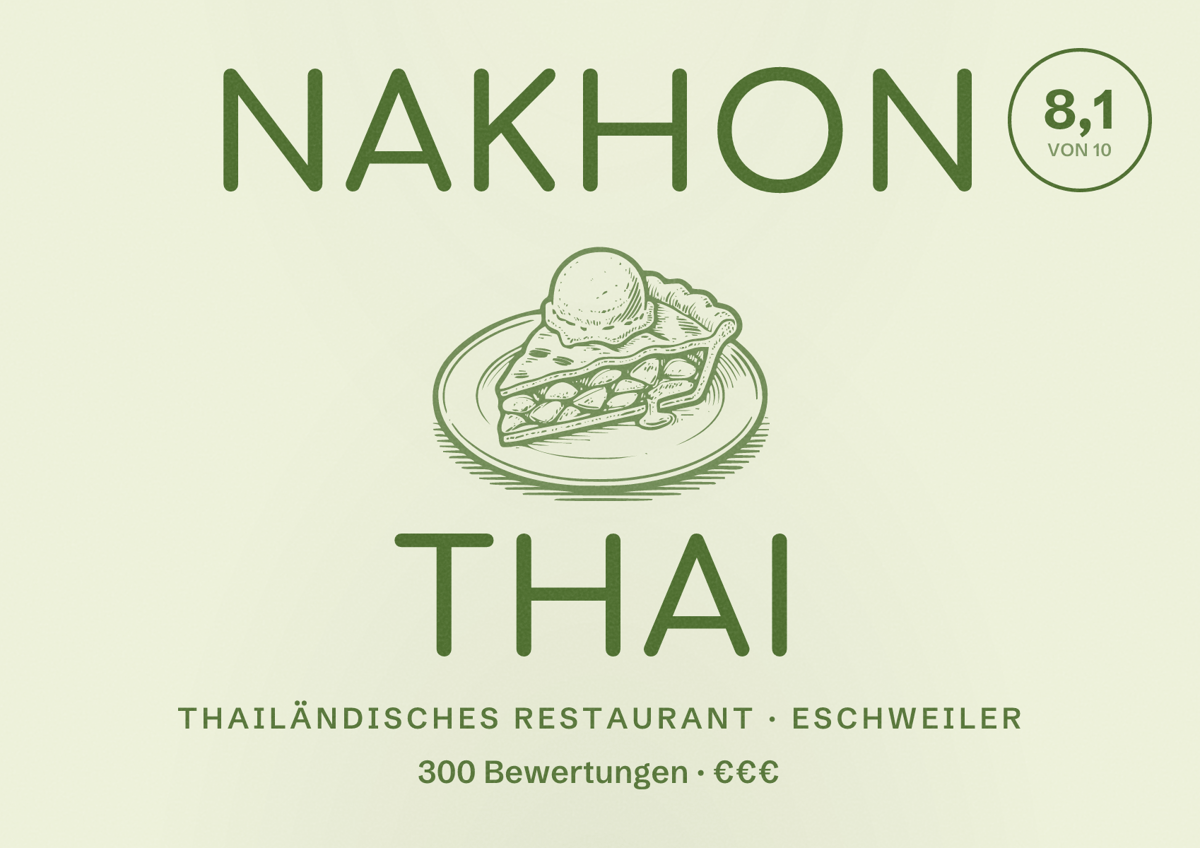 Illustriertes Poster von Nakhon Thai, Thailändisches Restaurant in Eschweiler: Bewertung 8,1 von 10 aus 300 Bewertungen, Preisniveau €€€