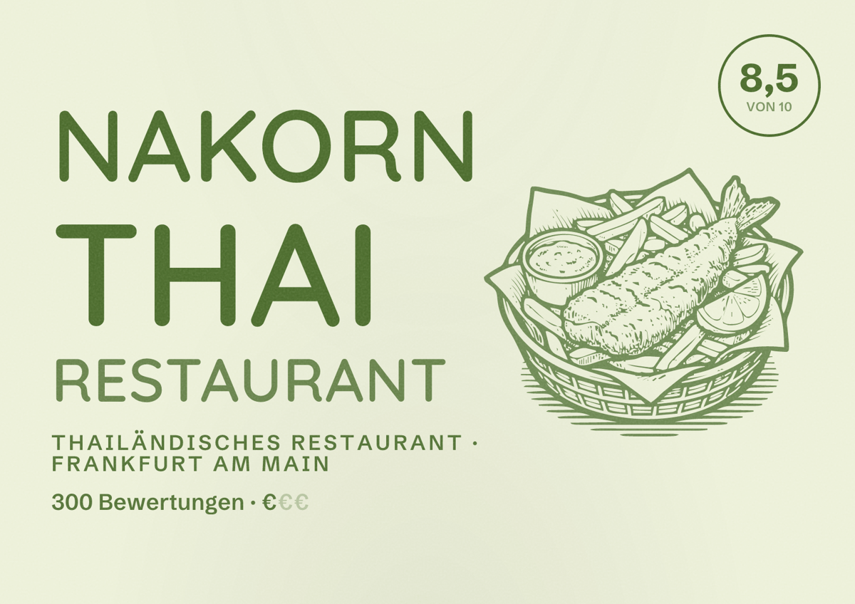 Illustriertes Poster von Nakorn Thai Restaurant, Thailändisches Restaurant in Frankfurt am Main: Bewertung 8,5 von 10 aus 300 Bewertungen, Preisniveau €