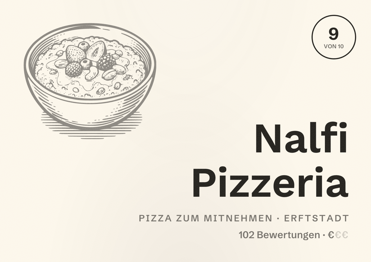 Illustriertes Poster von Nalfi Pizzeria, Pizza zum Mitnehmen in Erftstadt: Bewertung 9 von 10 aus 102 Bewertungen, Preisniveau €