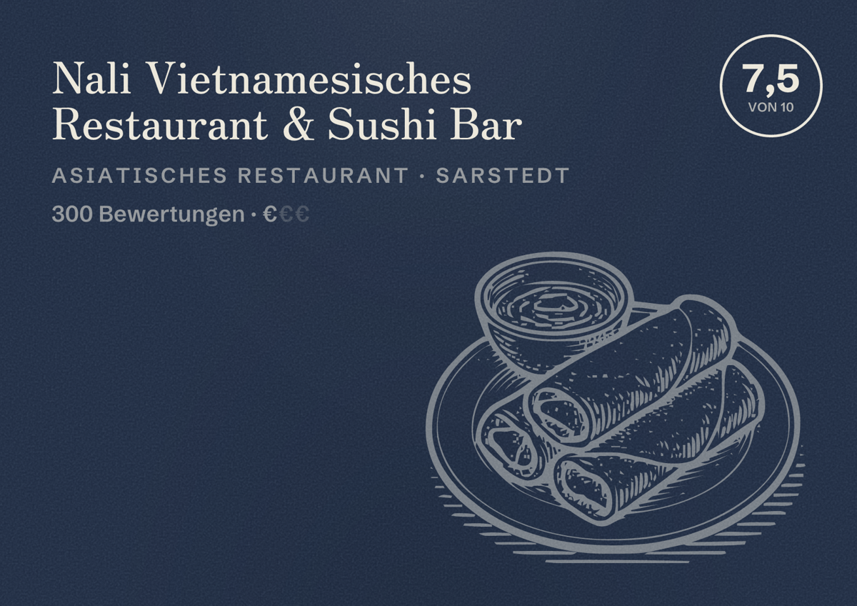 Illustriertes Poster von Nali Vietnamesisches Restaurant & Sushi Bar, Asiatisches Restaurant in Sarstedt: Bewertung 7,5 von 10 aus 300 Bewertungen, Preisniveau €