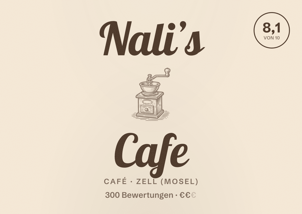 Illustriertes Poster von Nali’s Cafe, Café in Zell (Mosel): Bewertung 8,1 von 10 aus 300 Bewertungen, Preisniveau €€