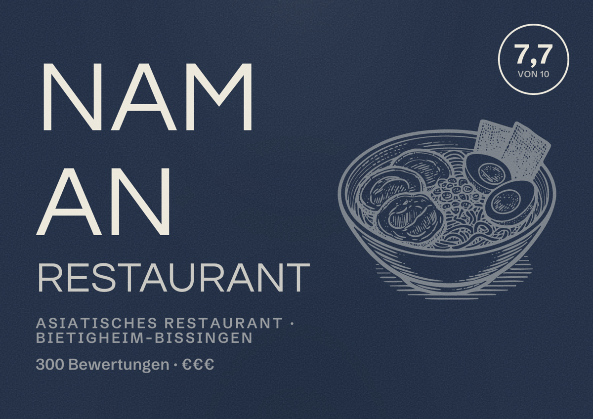 Illustriertes Poster von Nam An Restaurant, Asiatisches Restaurant in Bietigheim-Bissingen: Bewertung 7,7 von 10 aus 300 Bewertungen, Preisniveau €€€