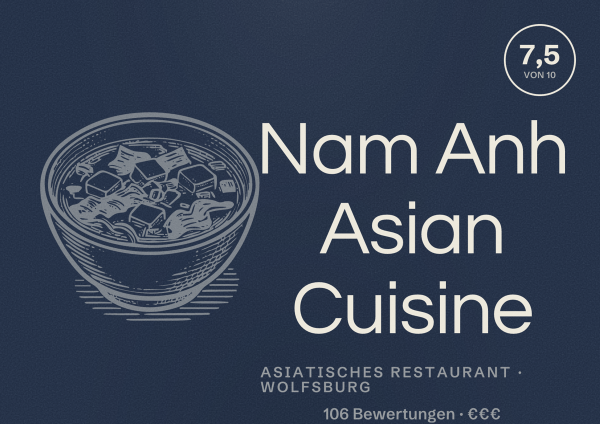 Illustriertes Poster von Nam Anh Asian Cuisine, Asiatisches Restaurant in Wolfsburg: Bewertung 7,5 von 10 aus 106 Bewertungen, Preisniveau €€€