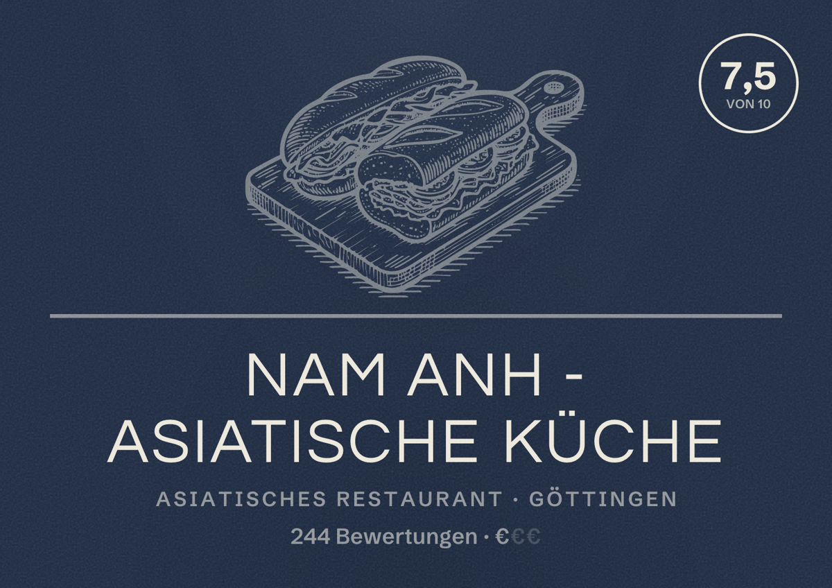 Illustriertes Poster von Nam Anh - Asiatische Küche, Asiatisches Restaurant in Göttingen: Bewertung 7,5 von 10 aus 244 Bewertungen, Preisniveau €