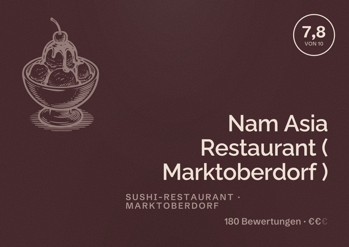Illustriertes Poster von Nam Asia Restaurant ( Marktoberdorf ), Sushi-Restaurant in Marktoberdorf: Bewertung 7,8 von 10 aus 180 Bewertungen, Preisniveau €€