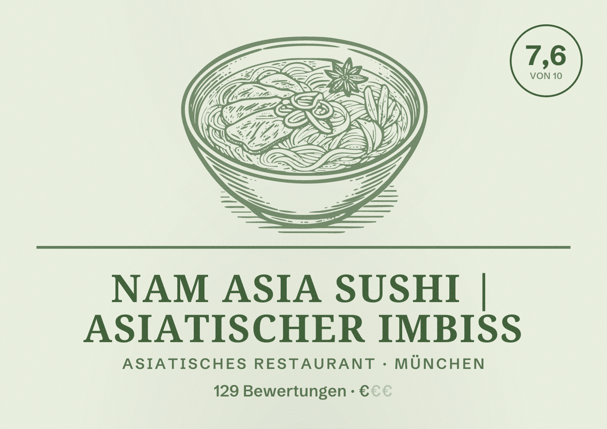 Illustriertes Poster von Nam Asia Sushi | Asiatischer Imbiss, Asiatisches Restaurant in München: Bewertung 7,6 von 10 aus 129 Bewertungen, Preisniveau €