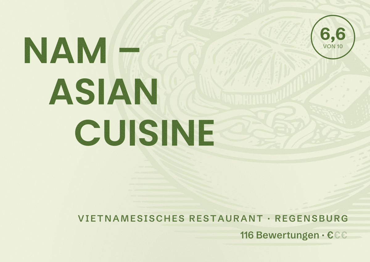 Illustriertes Poster von NAM – ASIAN CUISINE, Vietnamesisches Restaurant in Regensburg: Bewertung 6,6 von 10 aus 116 Bewertungen, Preisniveau €