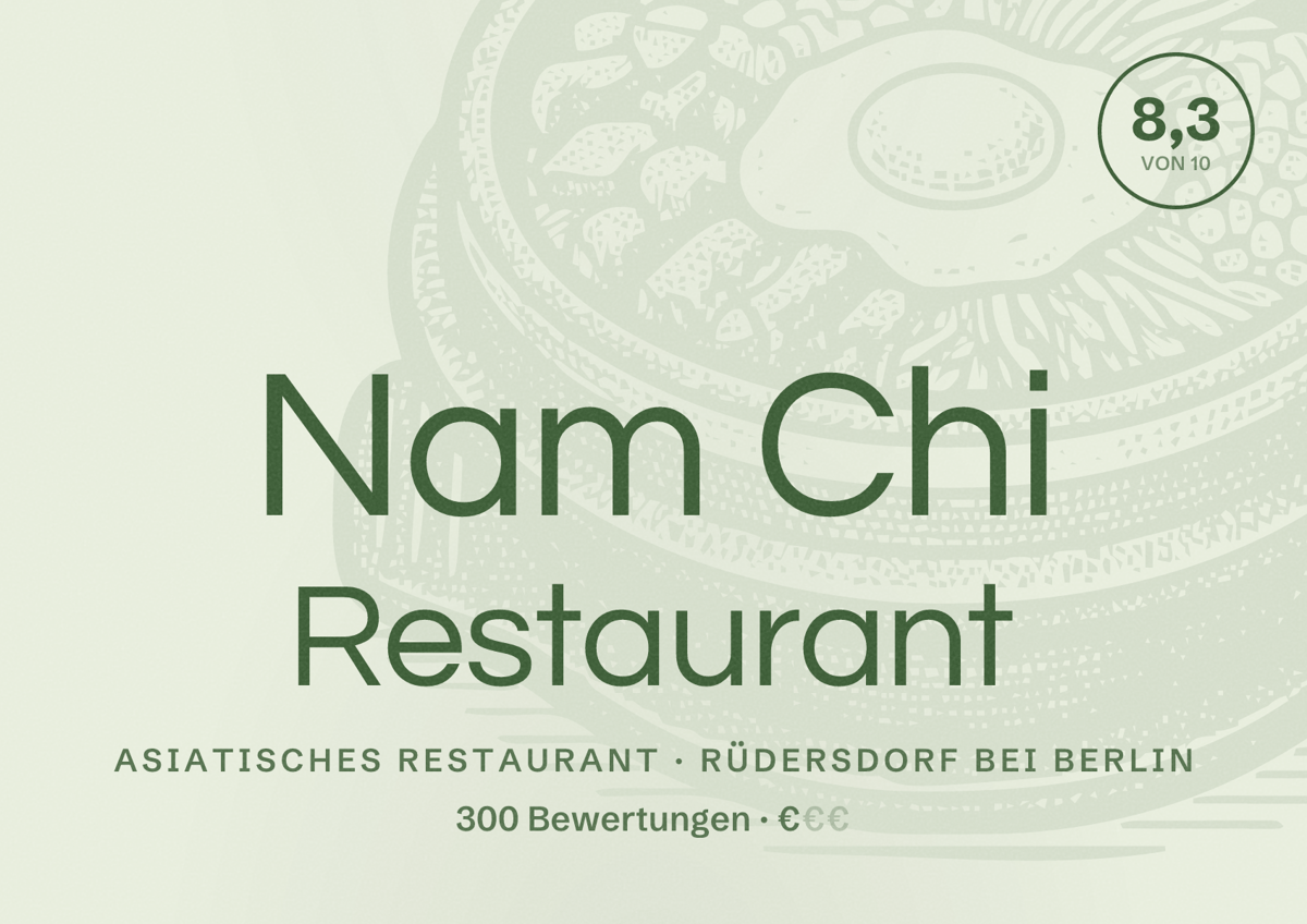 Illustriertes Poster von Nam Chi Restaurant, Asiatisches Restaurant in Rüdersdorf bei Berlin: Bewertung 8,3 von 10 aus 300 Bewertungen, Preisniveau €