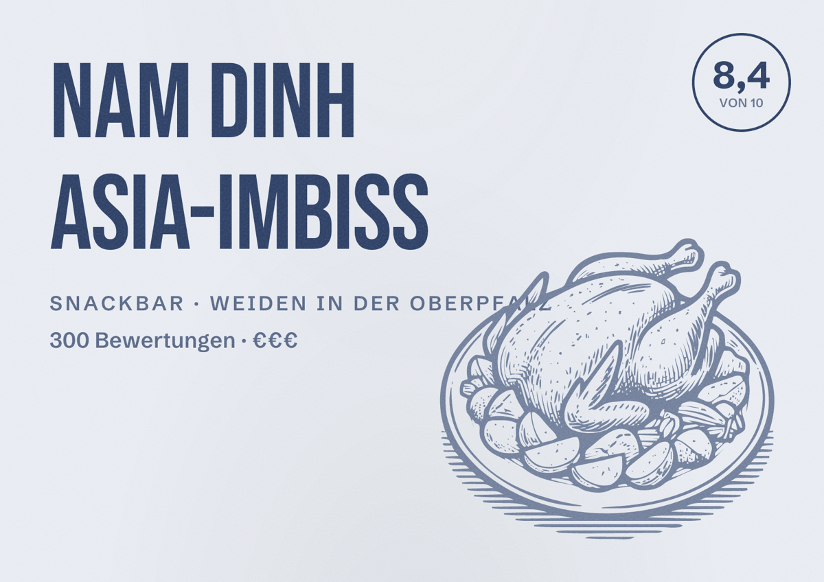 Illustriertes Poster von Nam Dinh Asia-Imbiss, Snackbar in Weiden in der Oberpfalz: Bewertung 8,4 von 10 aus 300 Bewertungen, Preisniveau €€€