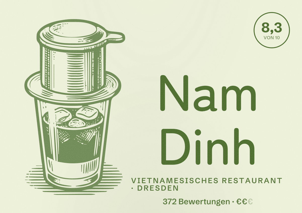 Illustriertes Poster von Nam Dinh, Vietnamesisches Restaurant in Dresden: Bewertung 8,3 von 10 aus 372 Bewertungen, Preisniveau €€