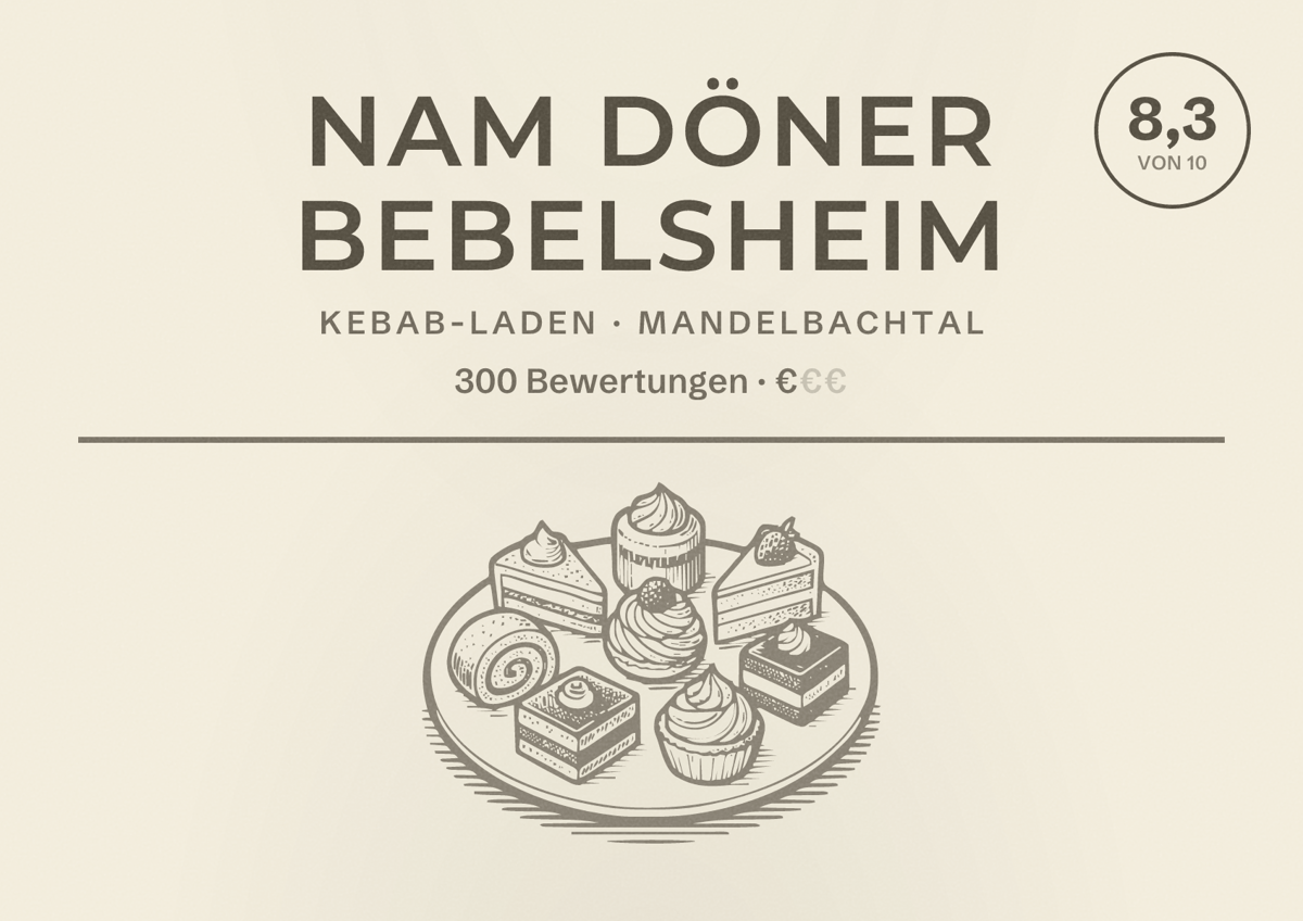 Illustriertes Poster von NAM Döner Bebelsheim, Kebab-Laden in Mandelbachtal: Bewertung 8,3 von 10 aus 300 Bewertungen, Preisniveau €
