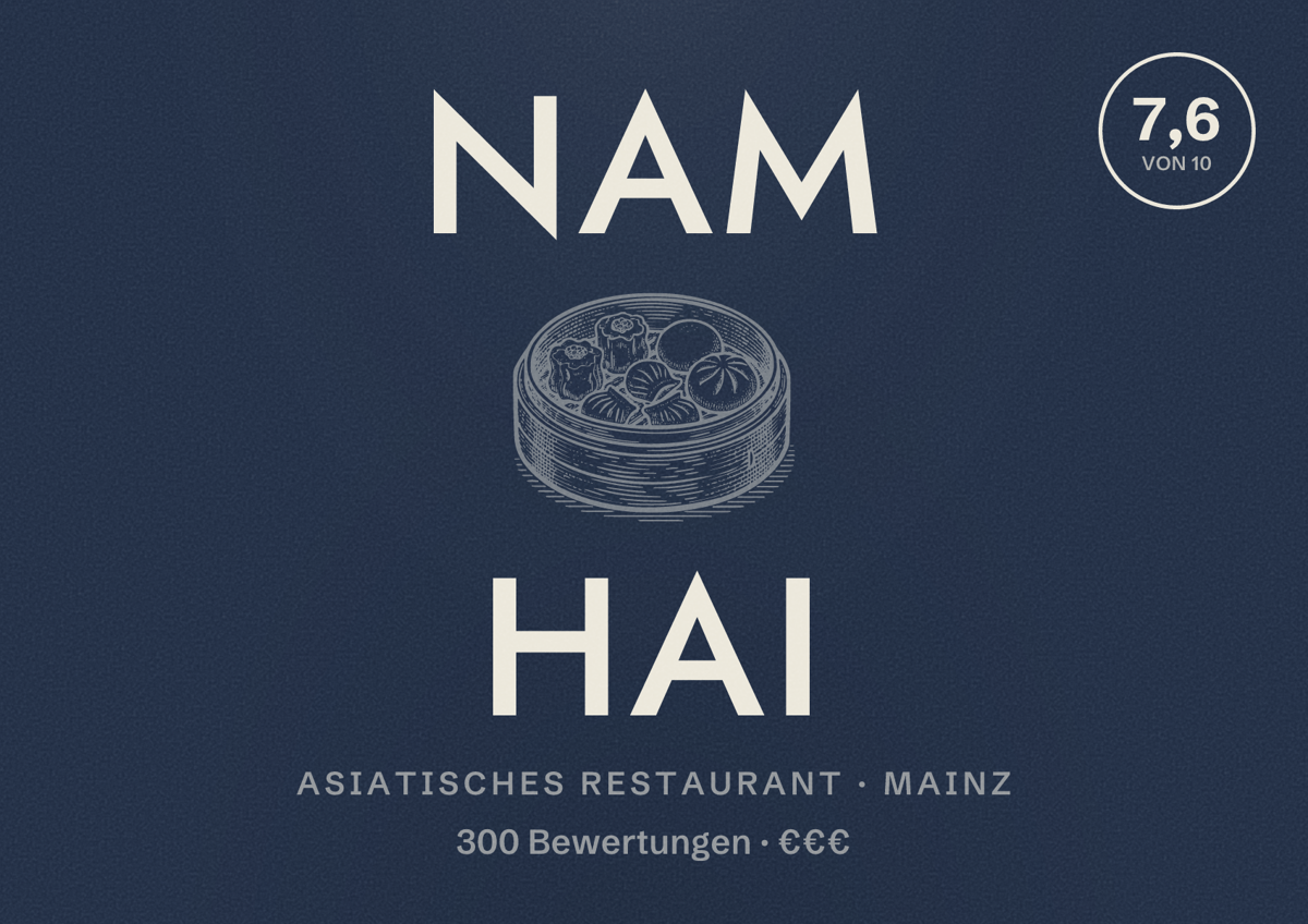 Illustriertes Poster von Nam Hai, Asiatisches Restaurant in Mainz: Bewertung 7,6 von 10 aus 300 Bewertungen, Preisniveau €€€