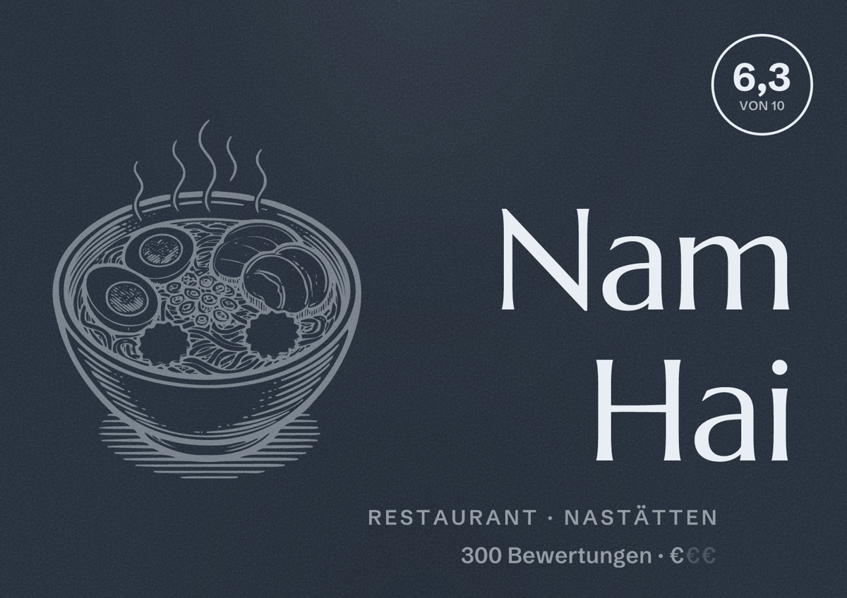 Illustriertes Poster von Nam Hai, Restaurant in Nastätten: Bewertung 6,3 von 10 aus 300 Bewertungen, Preisniveau €
