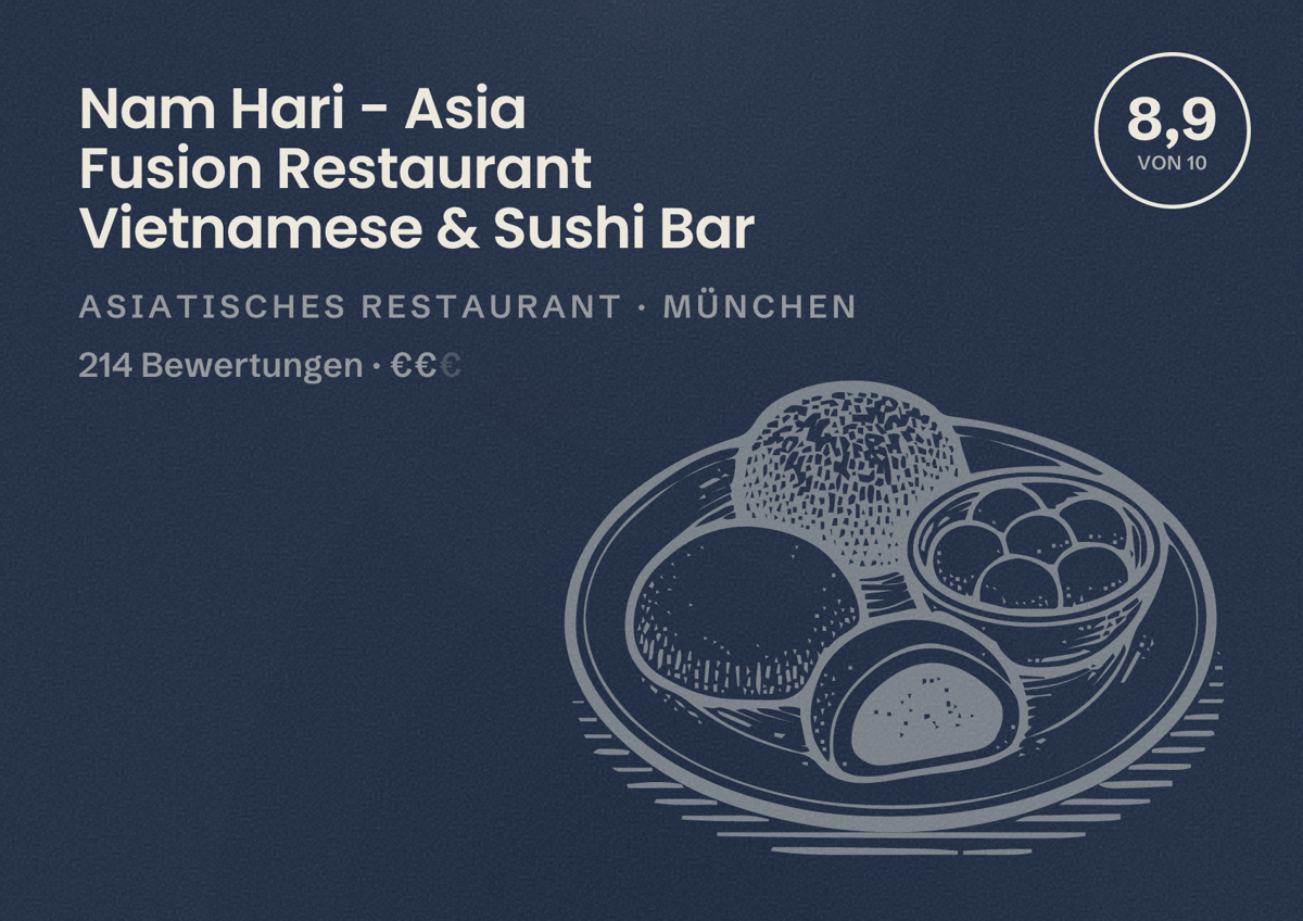 Illustriertes Poster von Nam Hari - Asia Fusion Restaurant Vietnamese & Sushi Bar, Asiatisches Restaurant in München: Bewertung 8,9 von 10 aus 214 Bewertungen, Preisniveau €€