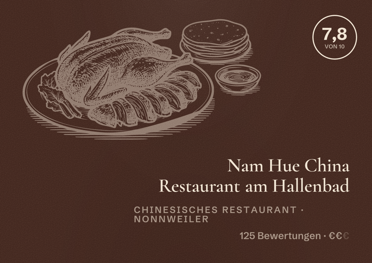 Illustriertes Poster von Nam Hue China Restaurant am Hallenbad, Chinesisches Restaurant in Nonnweiler: Bewertung 7,8 von 10 aus 125 Bewertungen, Preisniveau €€