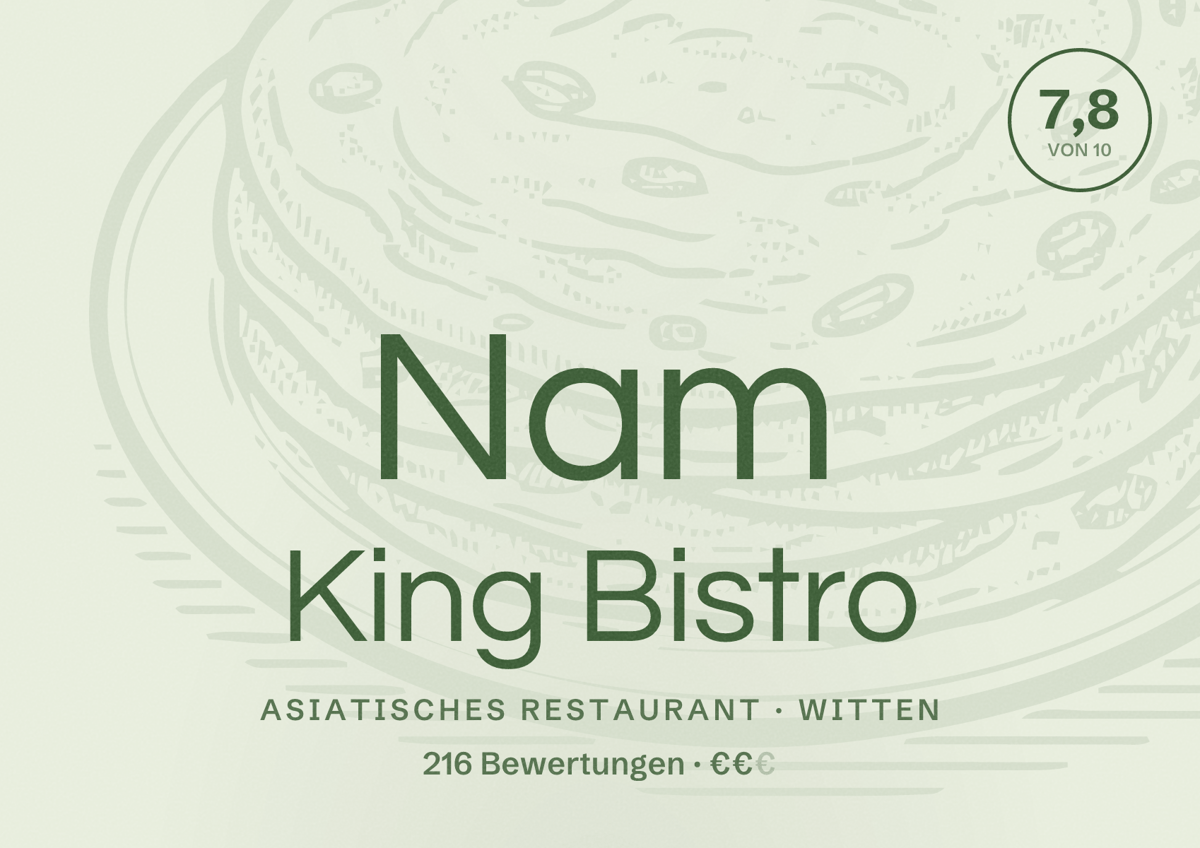 Illustriertes Poster von Nam King Bistro, Asiatisches Restaurant in Witten: Bewertung 7,8 von 10 aus 216 Bewertungen, Preisniveau €€