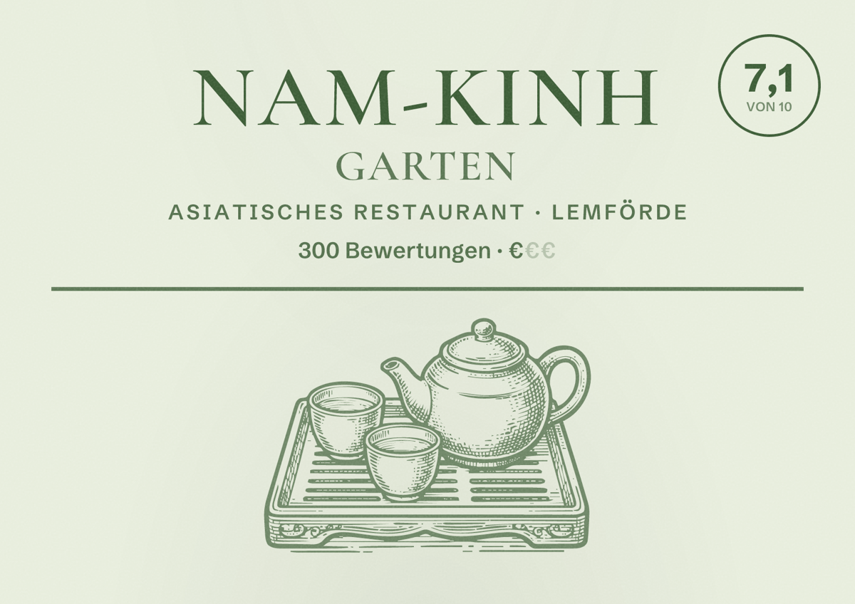 Illustriertes Poster von Nam-Kinh Garten, Asiatisches Restaurant in Lemförde: Bewertung 7,1 von 10 aus 300 Bewertungen, Preisniveau €