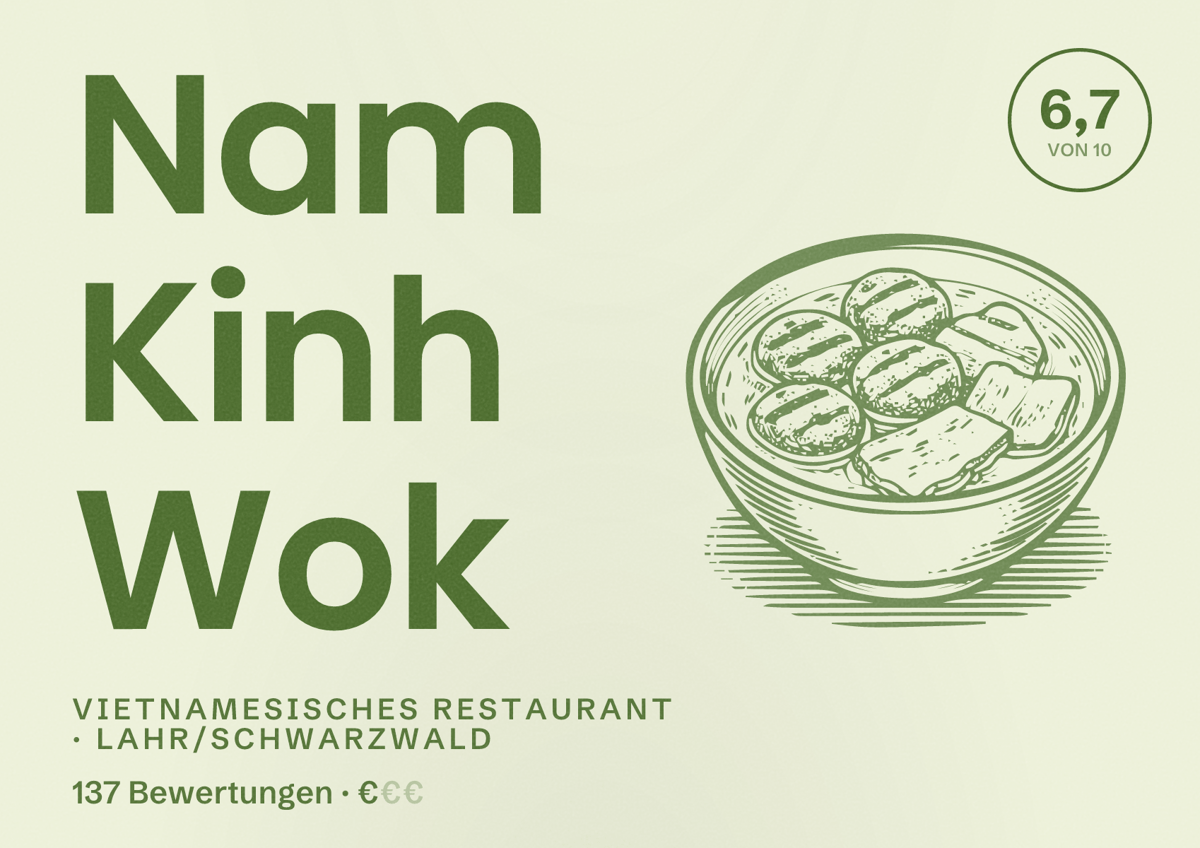 Illustriertes Poster von Nam Kinh Wok, Vietnamesisches Restaurant in Lahr/Schwarzwald: Bewertung 6,7 von 10 aus 137 Bewertungen, Preisniveau €