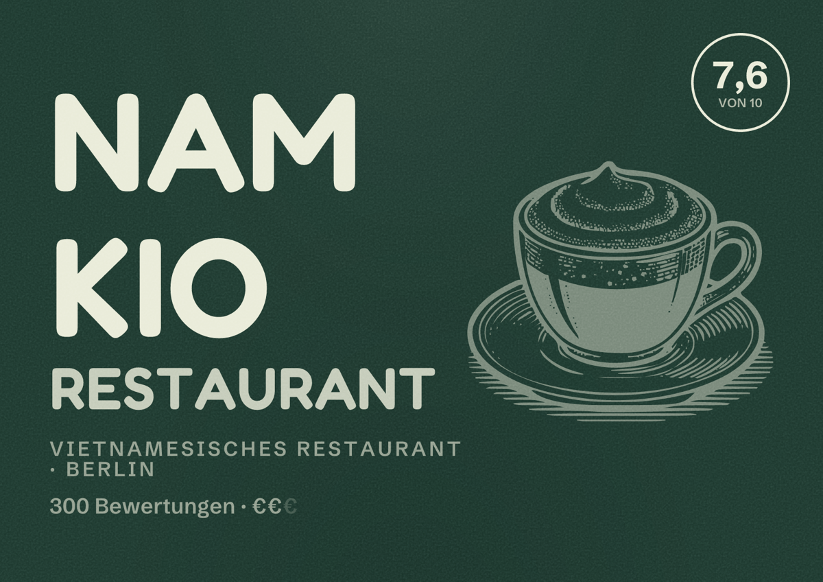 Illustriertes Poster von NAM KIO Restaurant, Vietnamesisches Restaurant in Berlin: Bewertung 7,6 von 10 aus 300 Bewertungen, Preisniveau €€