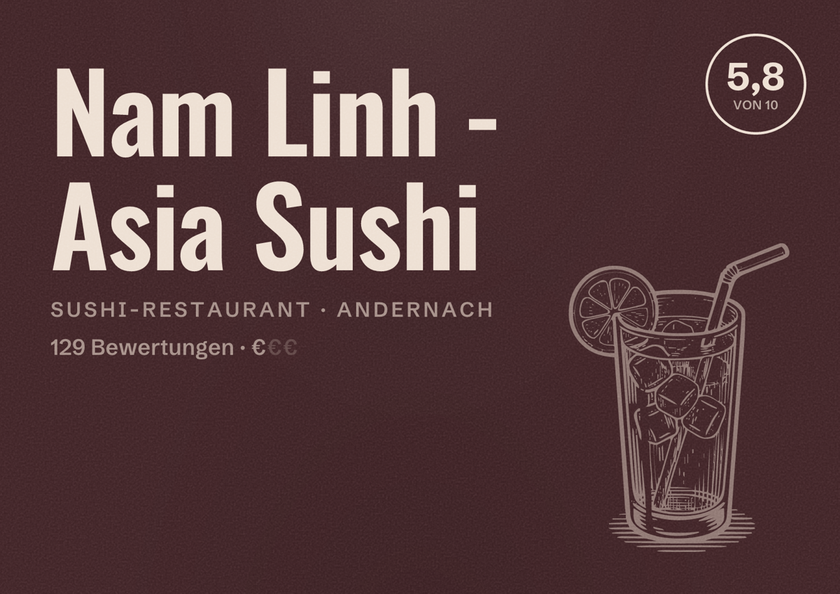 Illustriertes Poster von Nam Linh - Asia Sushi, Sushi-Restaurant in Andernach: Bewertung 5,8 von 10 aus 129 Bewertungen, Preisniveau €