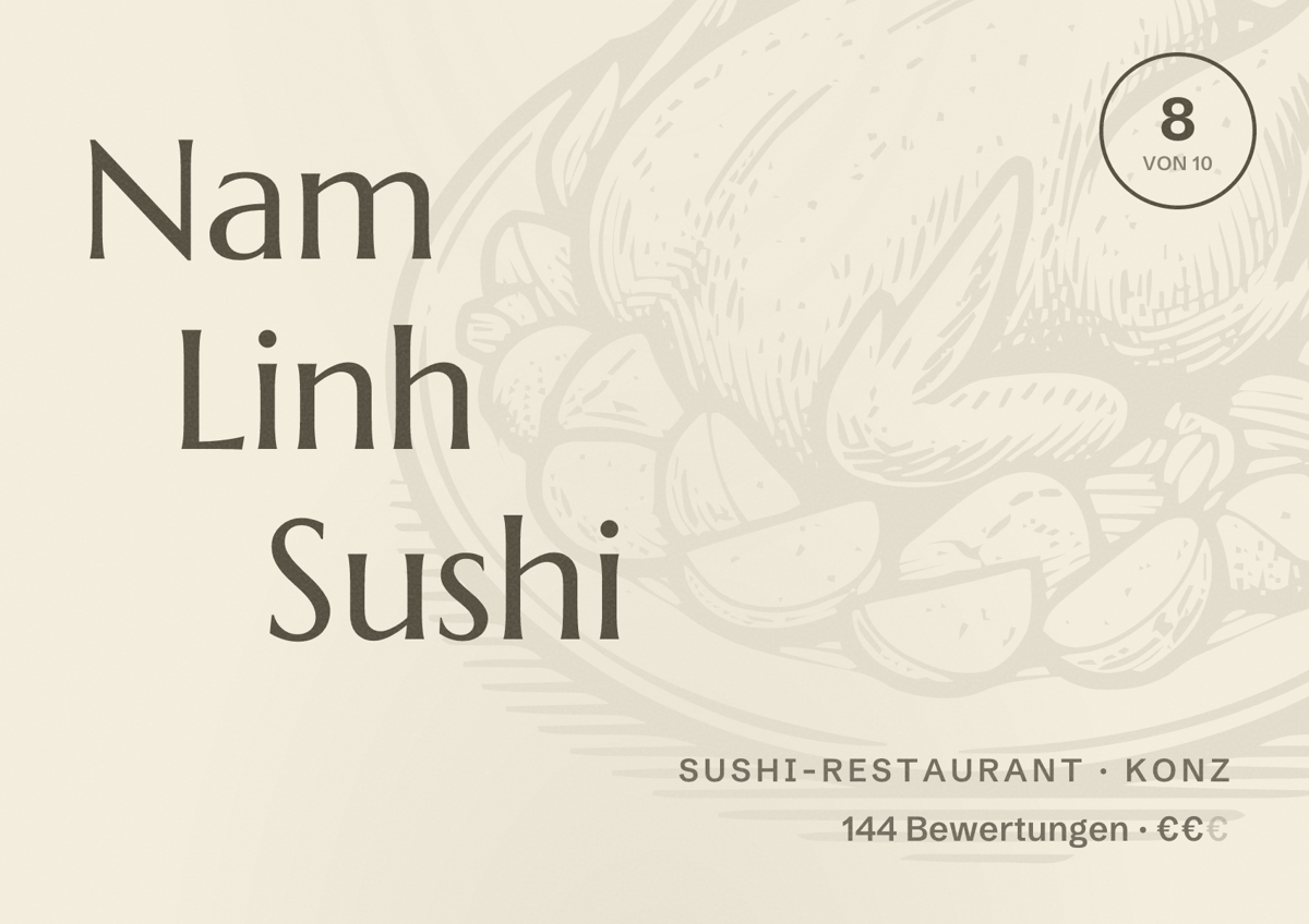Illustriertes Poster von Nam Linh Sushi, Sushi-Restaurant in Konz: Bewertung 8 von 10 aus 144 Bewertungen, Preisniveau €€