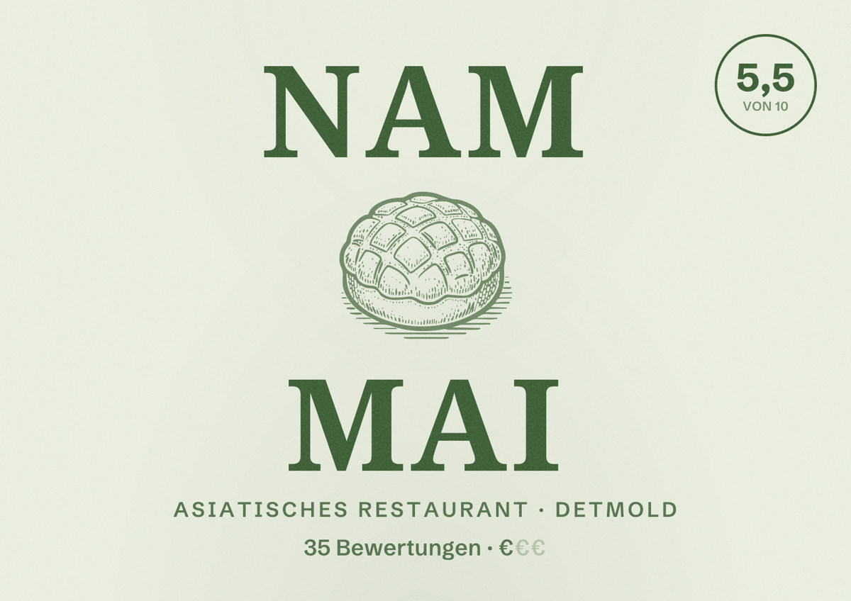 Illustriertes Poster von Nam Mai, Asiatisches Restaurant in Detmold: Bewertung 5,5 von 10 aus 35 Bewertungen, Preisniveau €