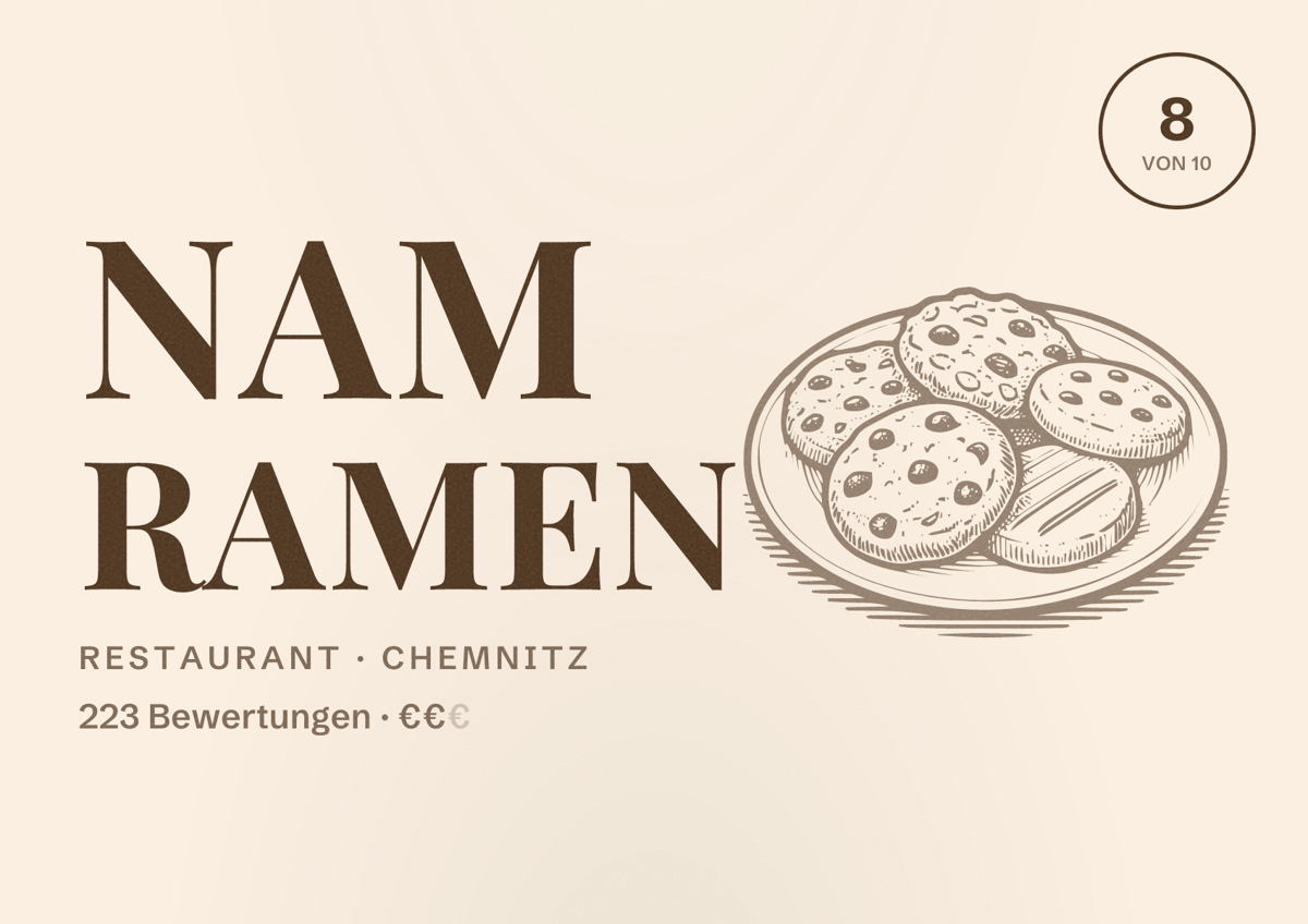 Illustriertes Poster von Nam Ramen, Restaurant in Chemnitz: Bewertung 8 von 10 aus 223 Bewertungen, Preisniveau €€