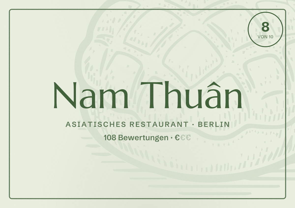 Illustriertes Poster von Nam Thuân, Asiatisches Restaurant in Berlin: Bewertung 8,0 von 10 aus 108 Bewertungen, Preisniveau €