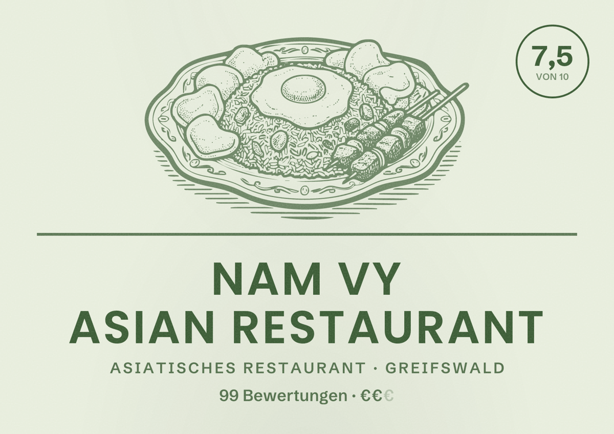 Illustriertes Poster von NAM VY Asian Restaurant, Asiatisches Restaurant in Greifswald: Bewertung 7,5 von 10 aus 99 Bewertungen, Preisniveau €€