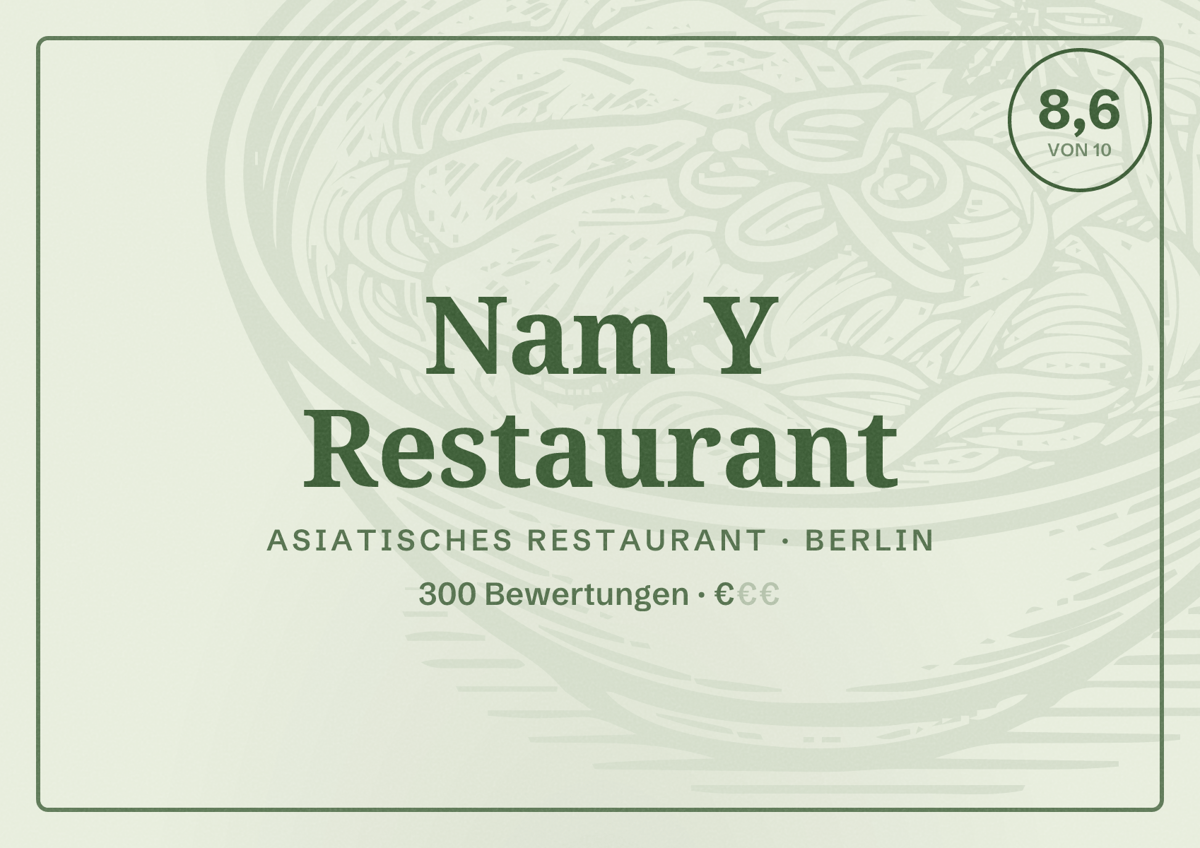 Illustriertes Poster von Nam Y Restaurant, Asiatisches Restaurant in Berlin: Bewertung 8,6 von 10 aus 300 Bewertungen, Preisniveau €