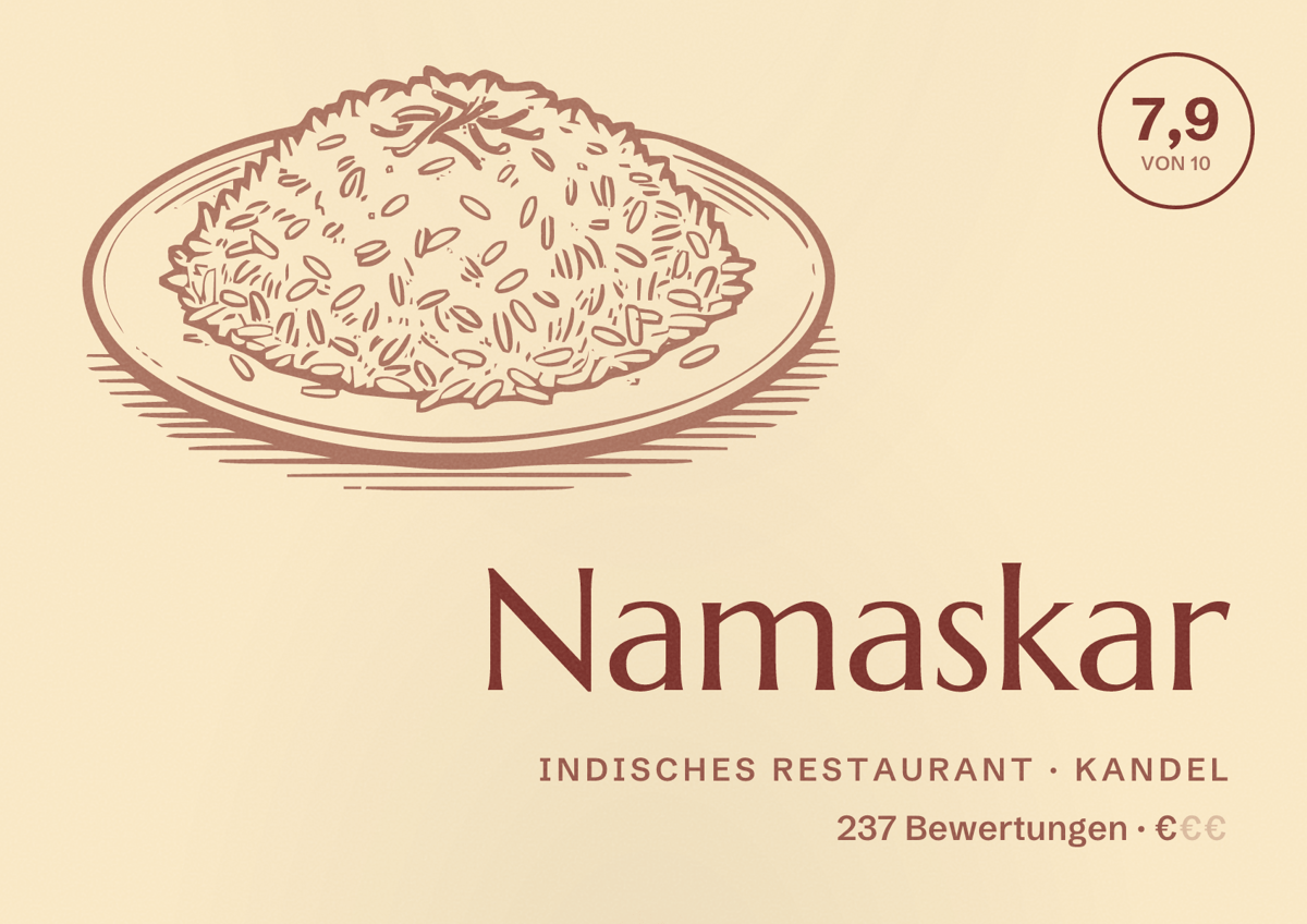 Illustriertes Poster von Namaskar, Indisches Restaurant in Kandel: Bewertung 7,9 von 10 aus 237 Bewertungen, Preisniveau €