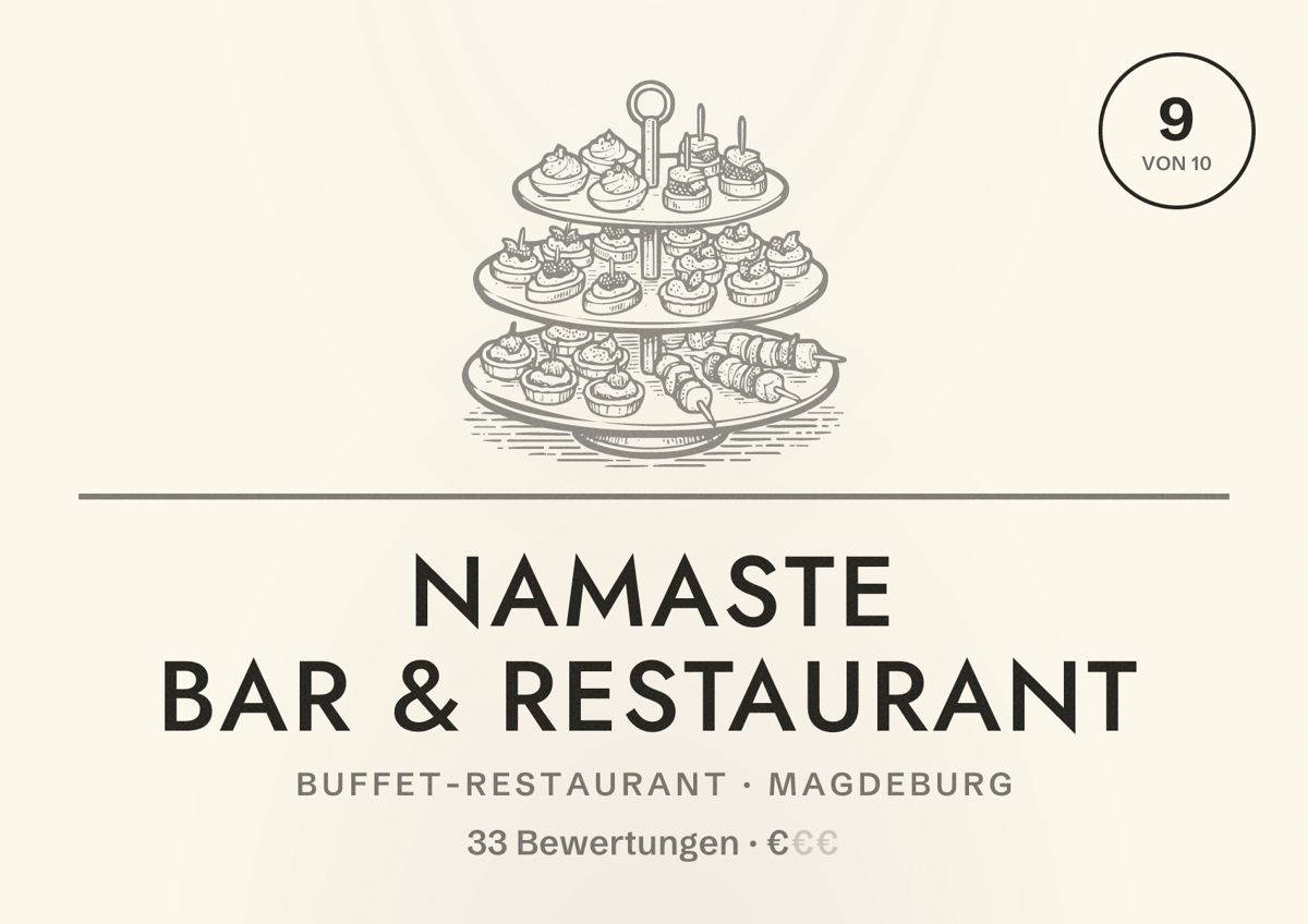 Illustriertes Poster von Namaste Bar & Restaurant, Buffet-Restaurant in Magdeburg: Bewertung 9,0 von 10 aus 33 Bewertungen, Preisniveau €