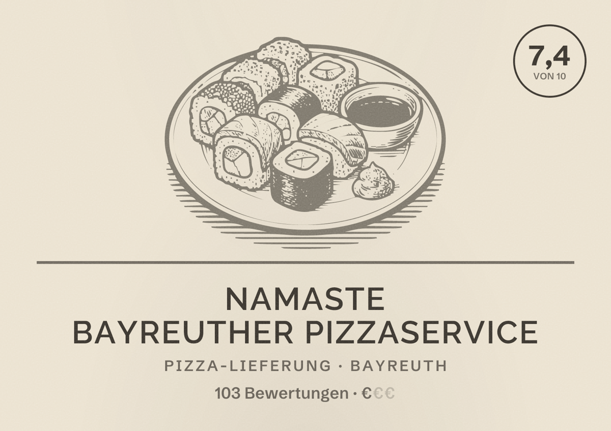 Illustriertes Poster von Namaste Bayreuther Pizzaservice, Pizza-Lieferung in Bayreuth: Bewertung 7,4 von 10 aus 103 Bewertungen, Preisniveau €