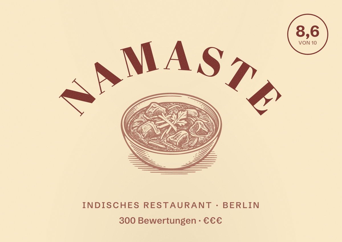 Illustriertes Poster von Namaste, Indisches Restaurant in Berlin: Bewertung 8,6 von 10 aus 300 Bewertungen, Preisniveau €€€