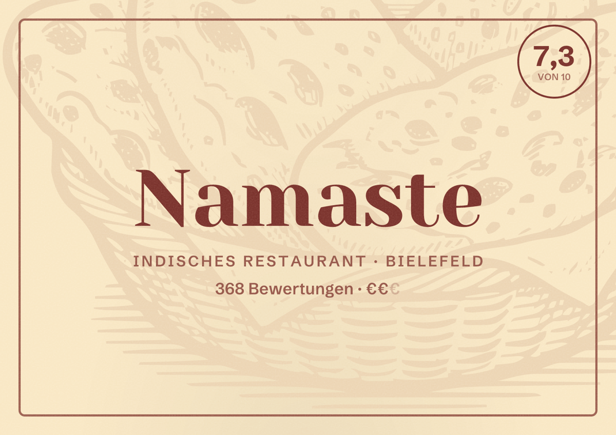 Illustriertes Poster von Namaste, Indisches Restaurant in Bielefeld: Bewertung 7,3 von 10 aus 368 Bewertungen, Preisniveau €€