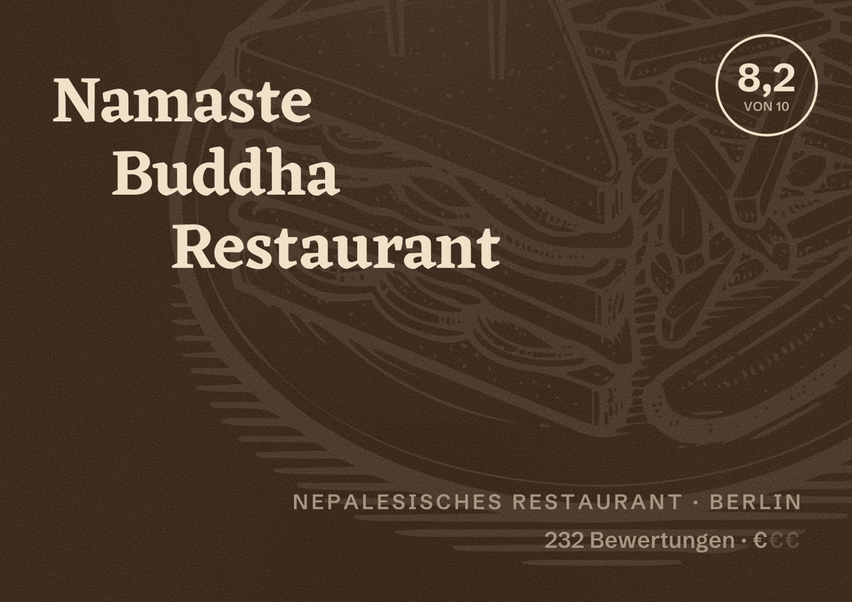 Illustriertes Poster von Namaste Buddha Restaurant, Nepalesisches Restaurant in Berlin: Bewertung 8,2 von 10 aus 232 Bewertungen, Preisniveau €