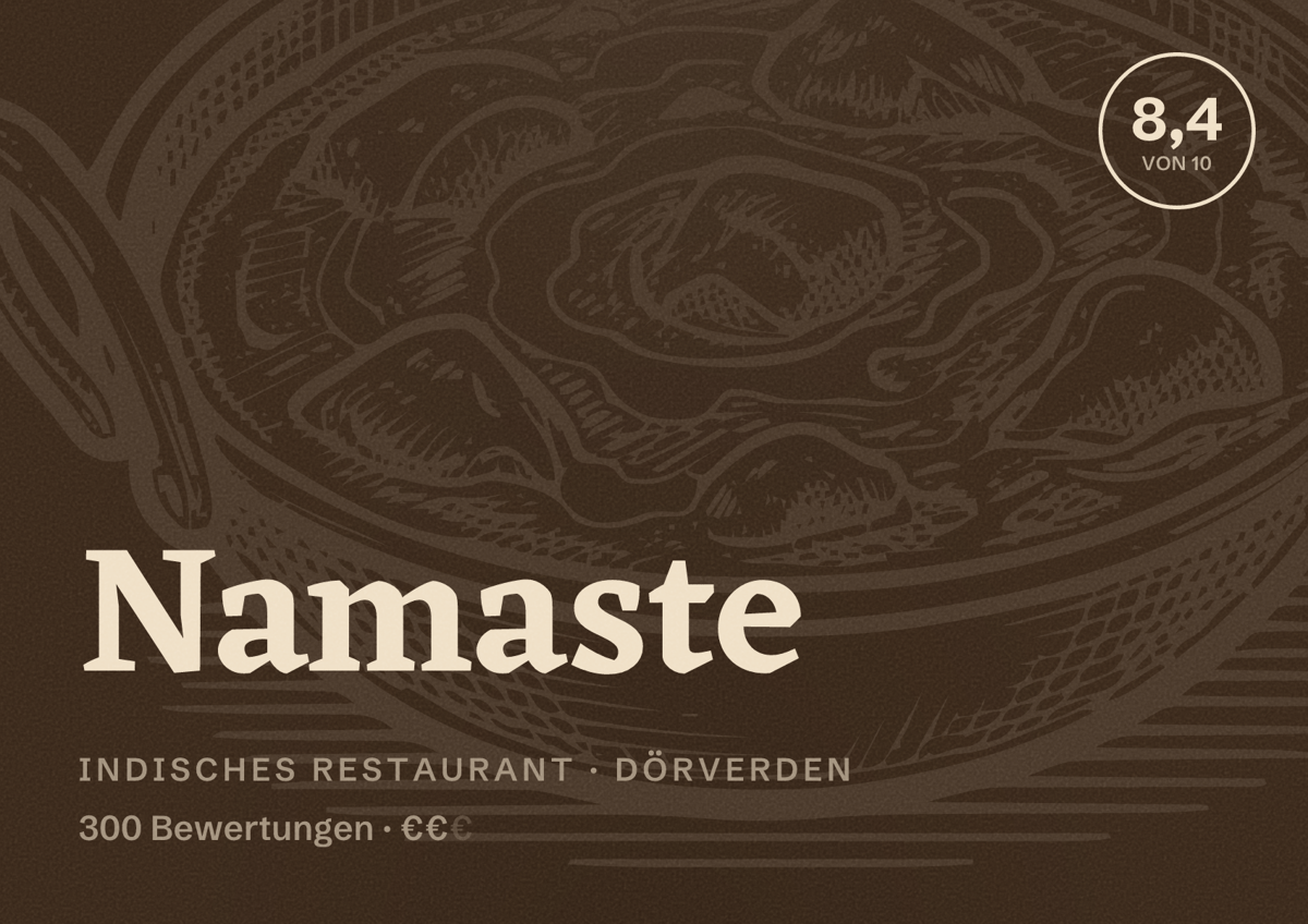 Illustriertes Poster von Namaste, Indisches Restaurant in Dörverden: Bewertung 8,4 von 10 aus 300 Bewertungen, Preisniveau €€