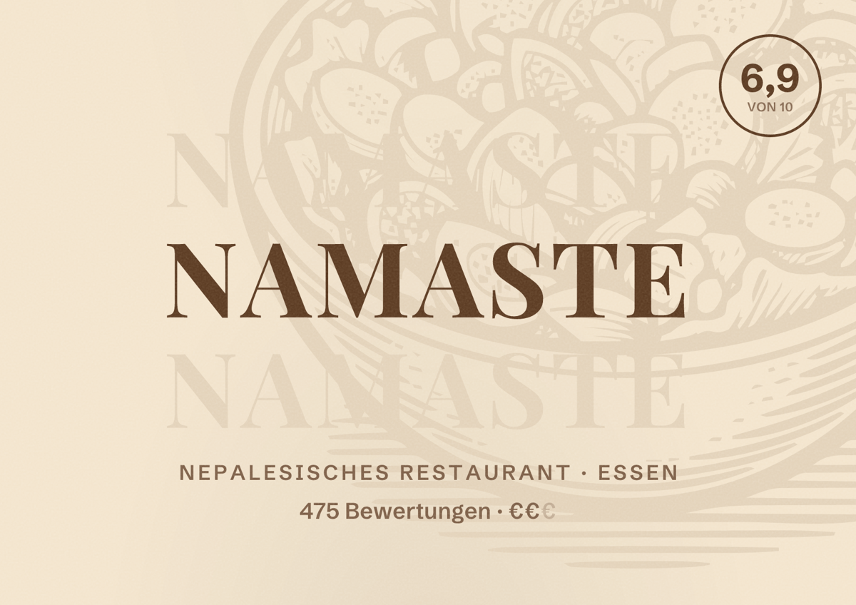 Illustriertes Poster von Namaste, Nepalesisches Restaurant in Essen: Bewertung 6,9 von 10 aus 475 Bewertungen, Preisniveau €€