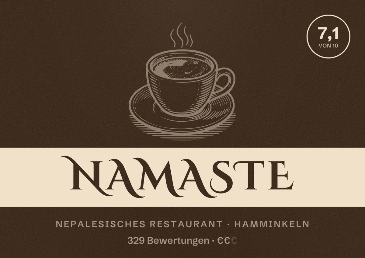 Illustriertes Poster von Namaste, Nepalesisches Restaurant in Hamminkeln: Bewertung 7,1 von 10 aus 329 Bewertungen, Preisniveau €€