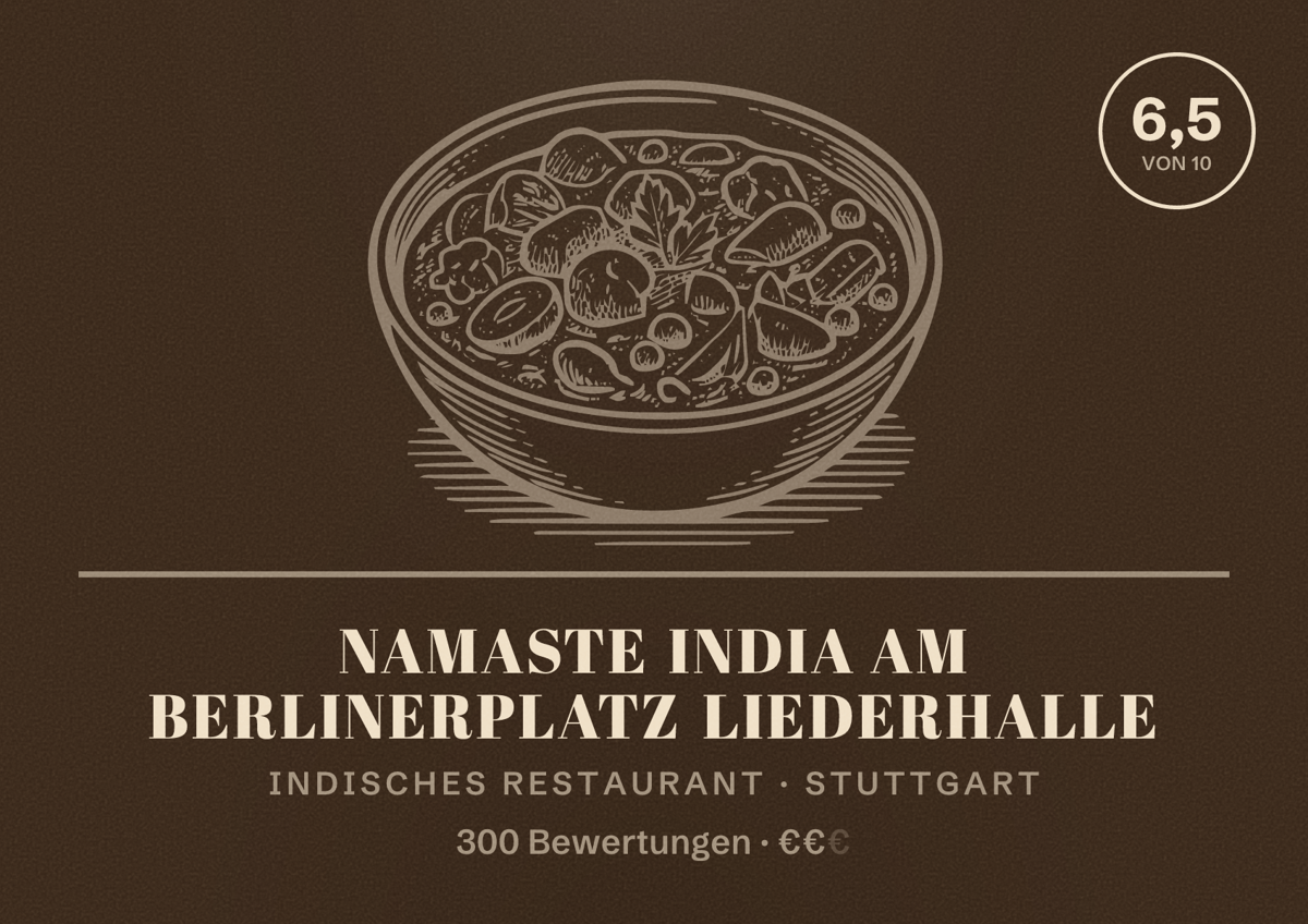 Illustriertes Poster von Namaste India am Berlinerplatz Liederhalle, Indisches Restaurant in Stuttgart: Bewertung 6,5 von 10 aus 300 Bewertungen, Preisniveau €€